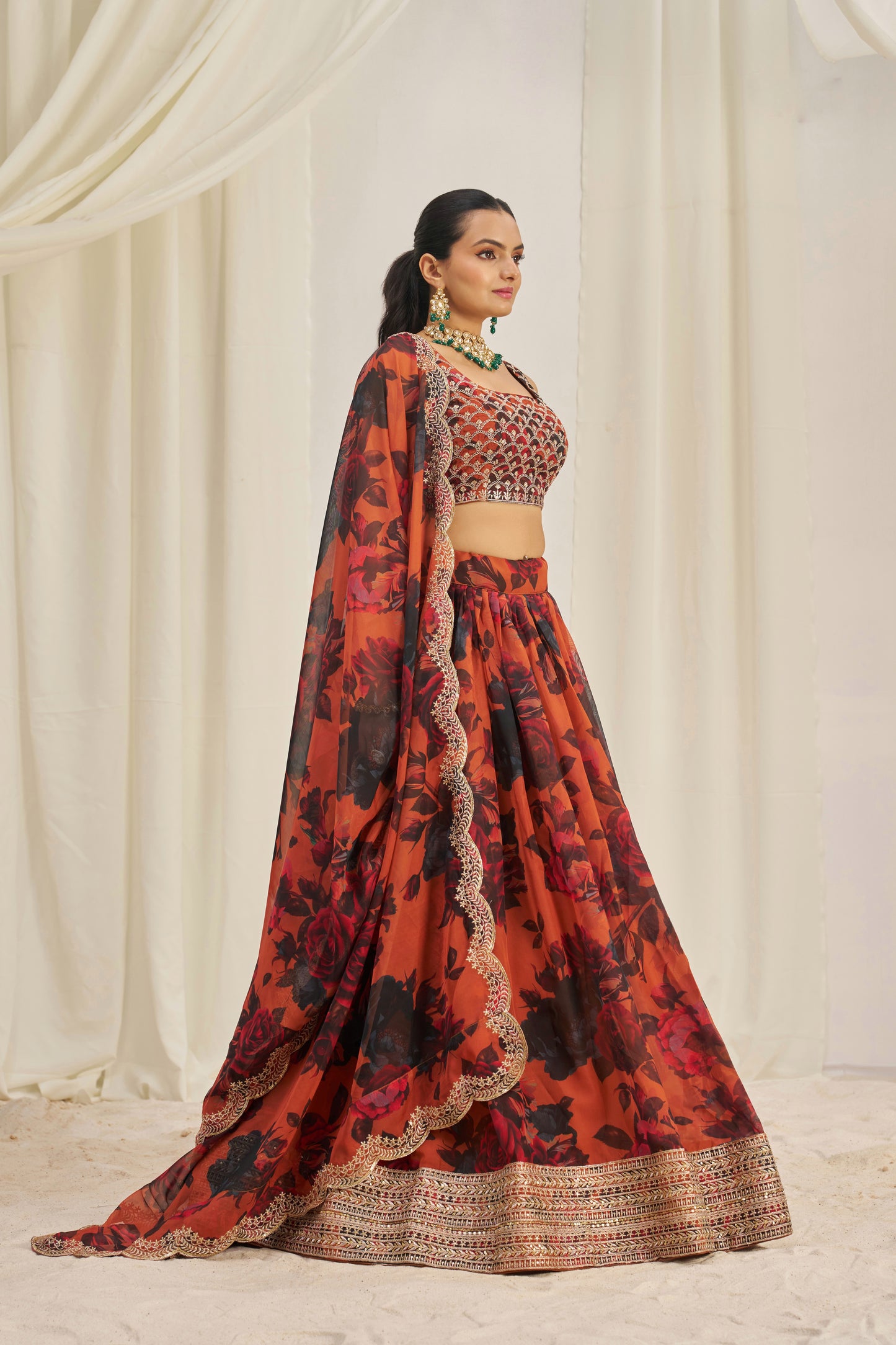 Stunning Floral Printed Sequins Embroidered Organza Lehenga Set