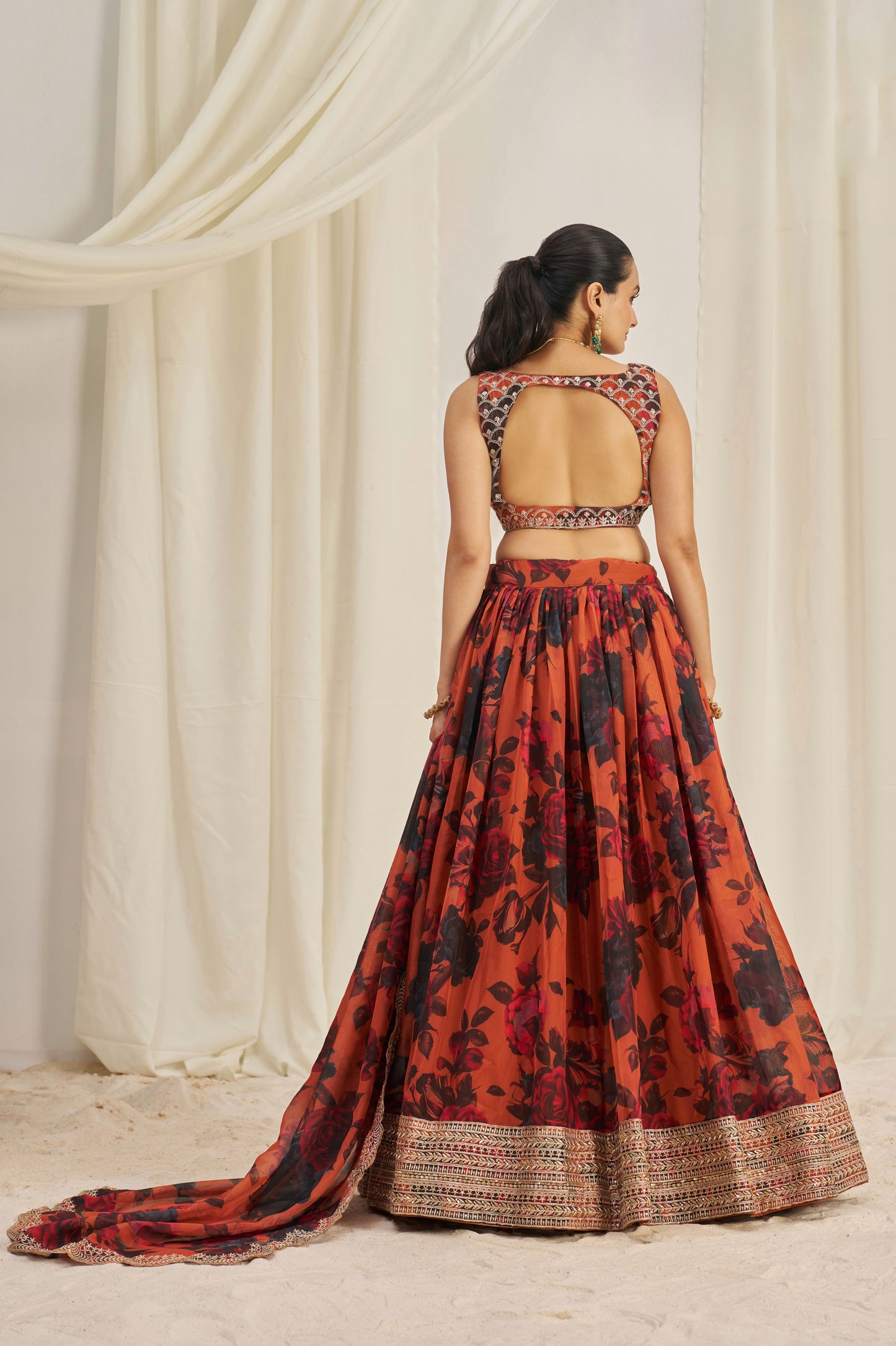 Stunning Floral Printed Sequins Embroidered Organza Lehenga Set
