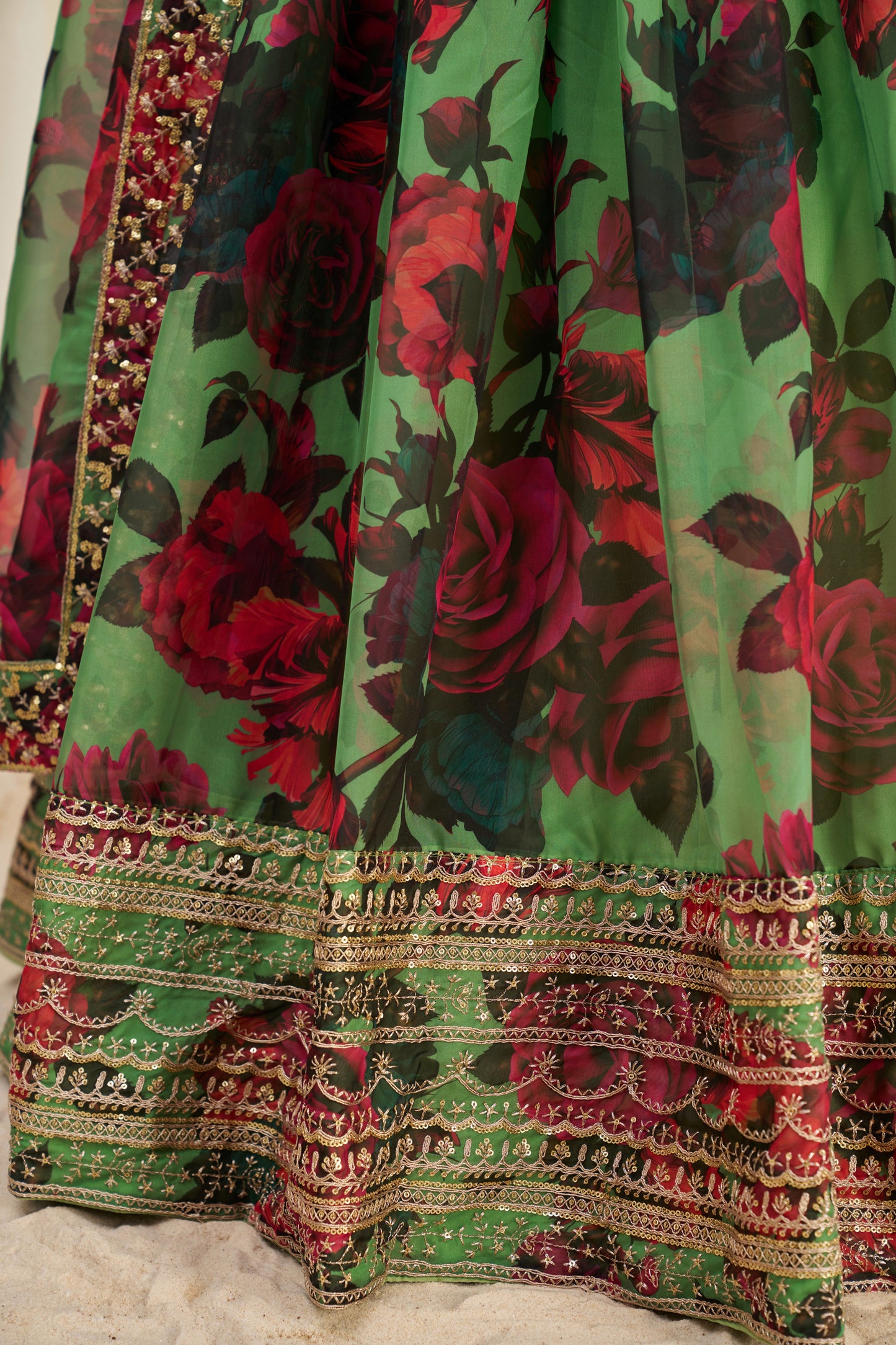 Stunning Floral Printed Sequins Embroidered Organza Lehenga Set