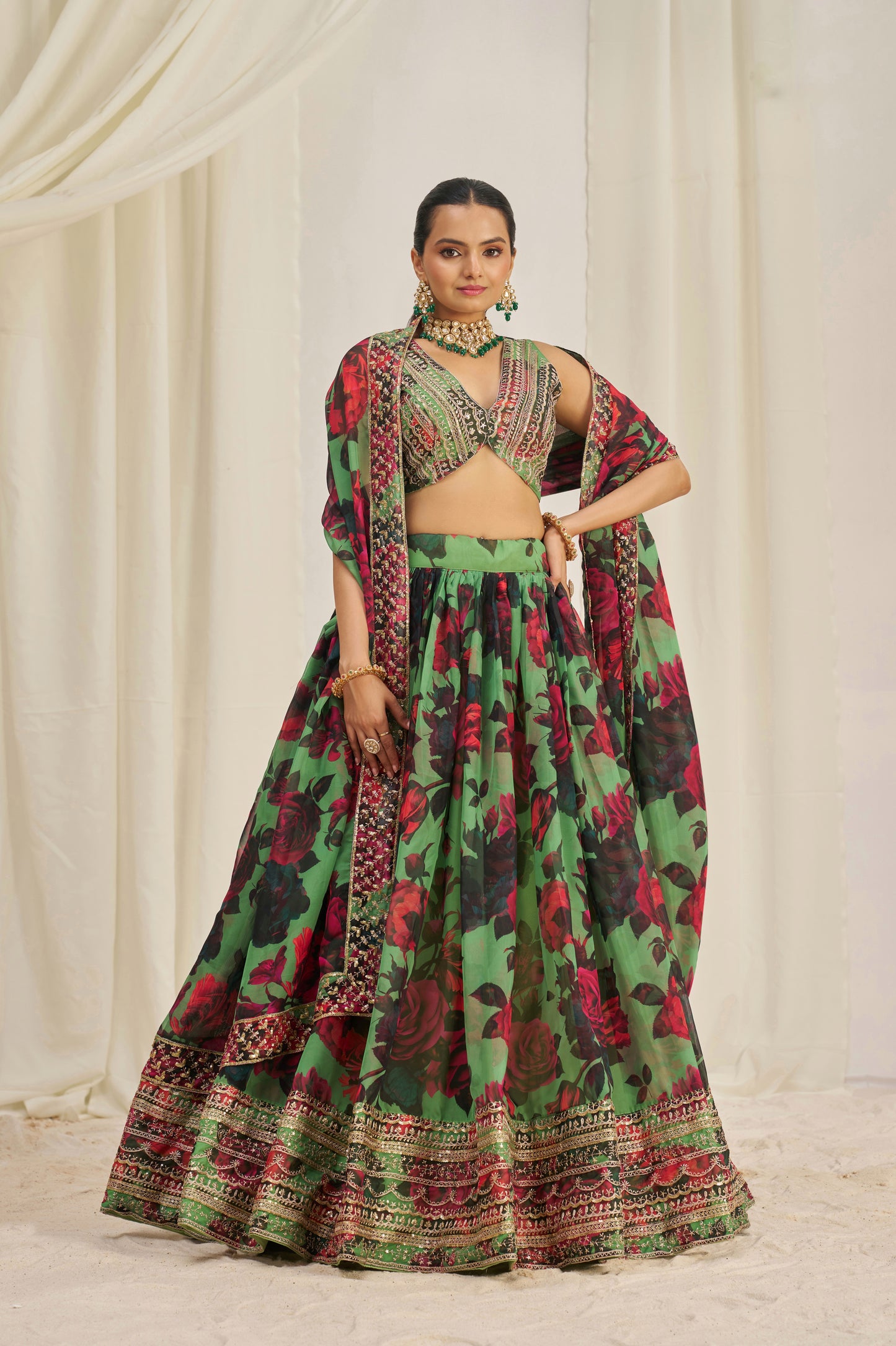 Stunning Floral Printed Sequins Embroidered Organza Lehenga Set