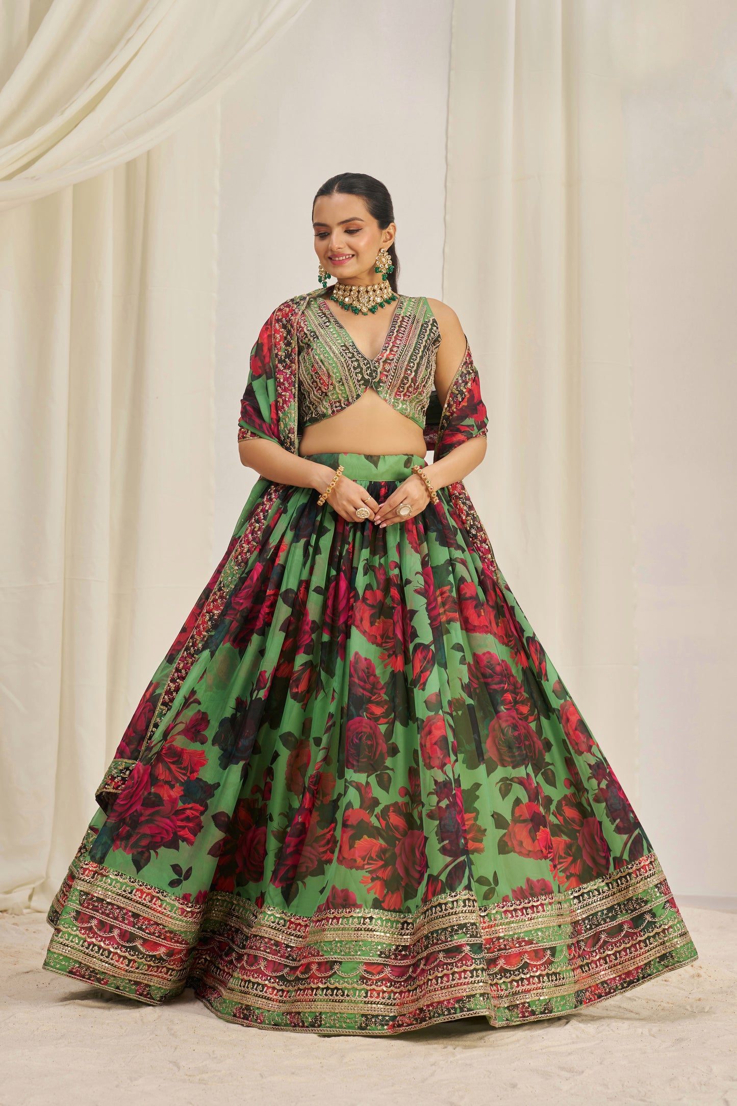 Stunning Floral Printed Sequins Embroidered Organza Lehenga Set