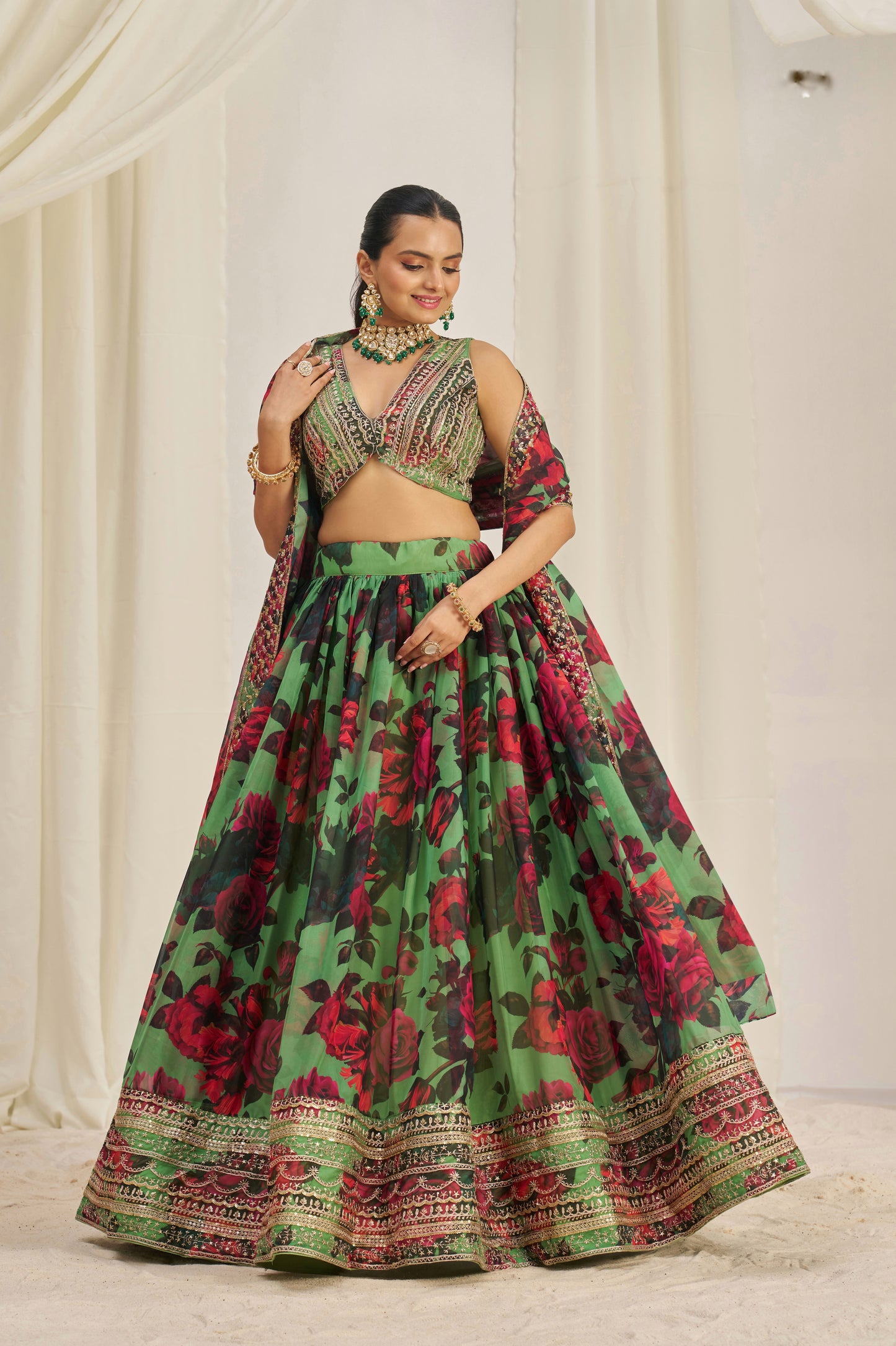 Stunning Floral Printed Sequins Embroidered Organza Lehenga Set