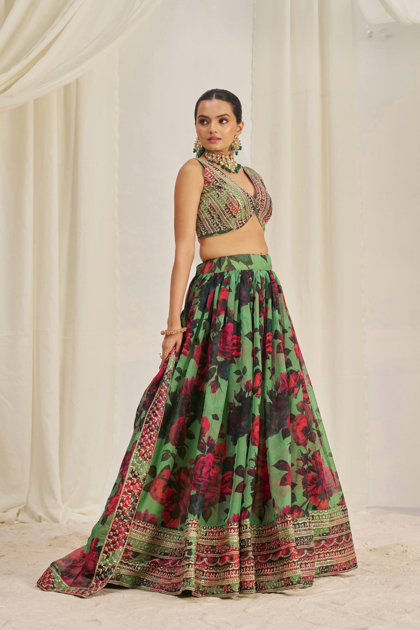 Stunning Floral Printed Sequins Embroidered Organza Lehenga Set