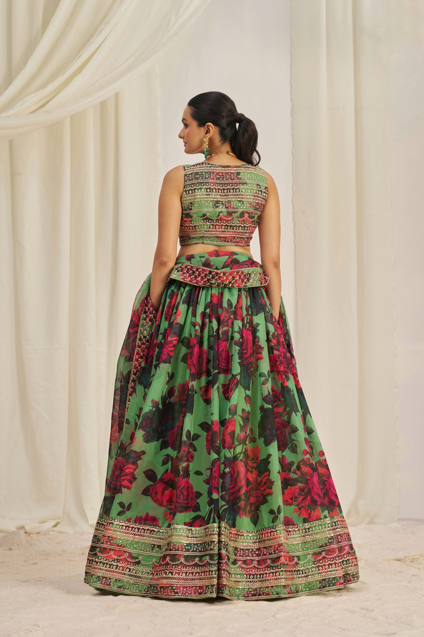 Stunning Floral Printed Sequins Embroidered Organza Lehenga Set