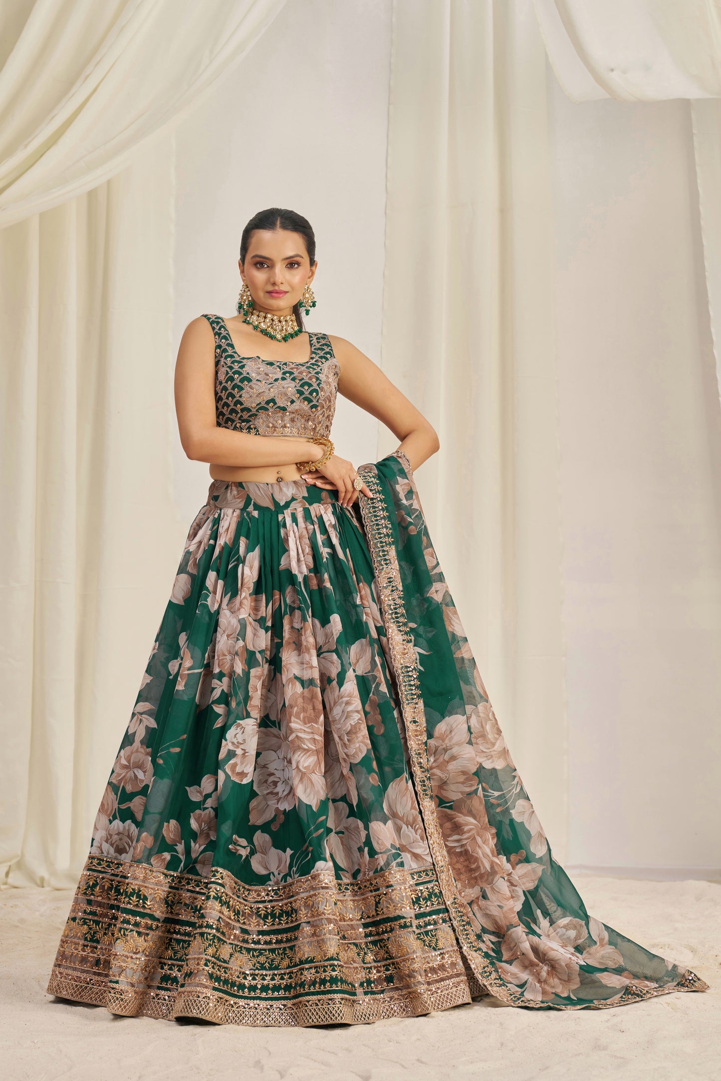 Stunning Floral Printed Sequins Embroidered Organza Lehenga Set