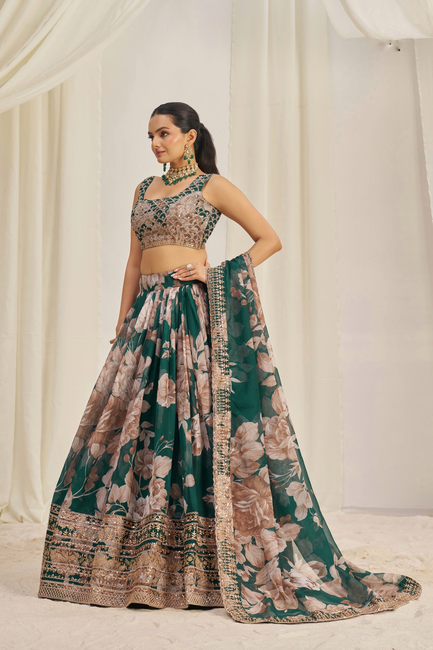 Stunning Floral Printed Sequins Embroidered Organza Lehenga Set