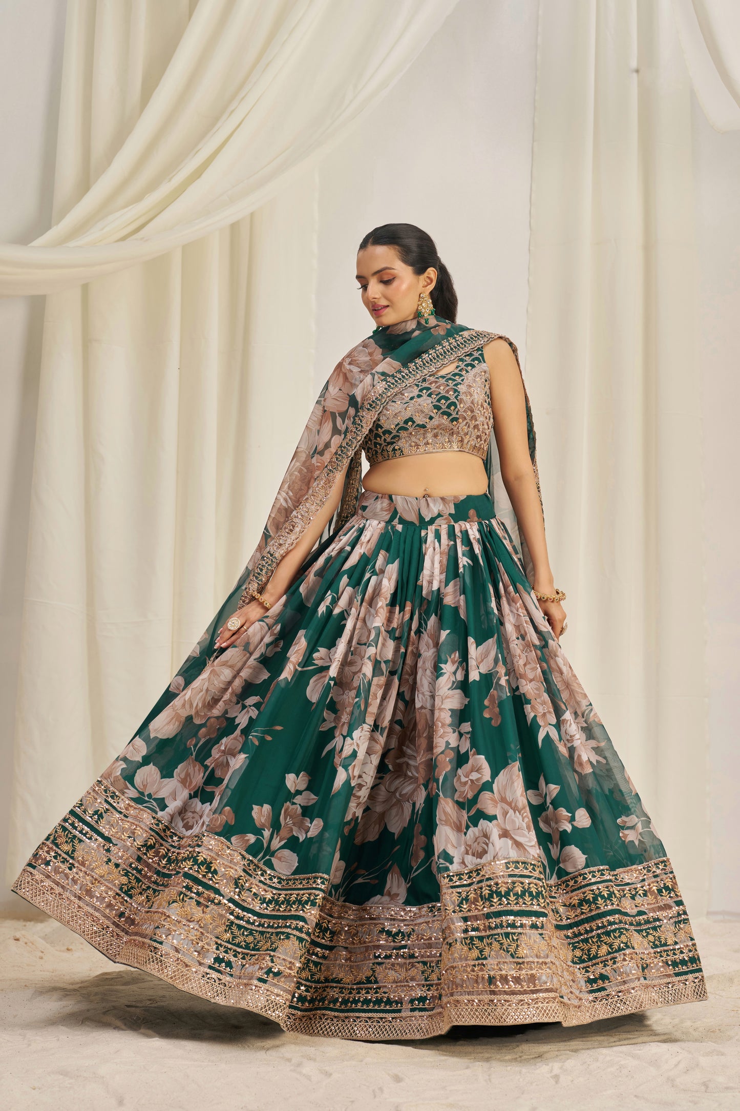 Stunning Floral Printed Sequins Embroidered Organza Lehenga Set