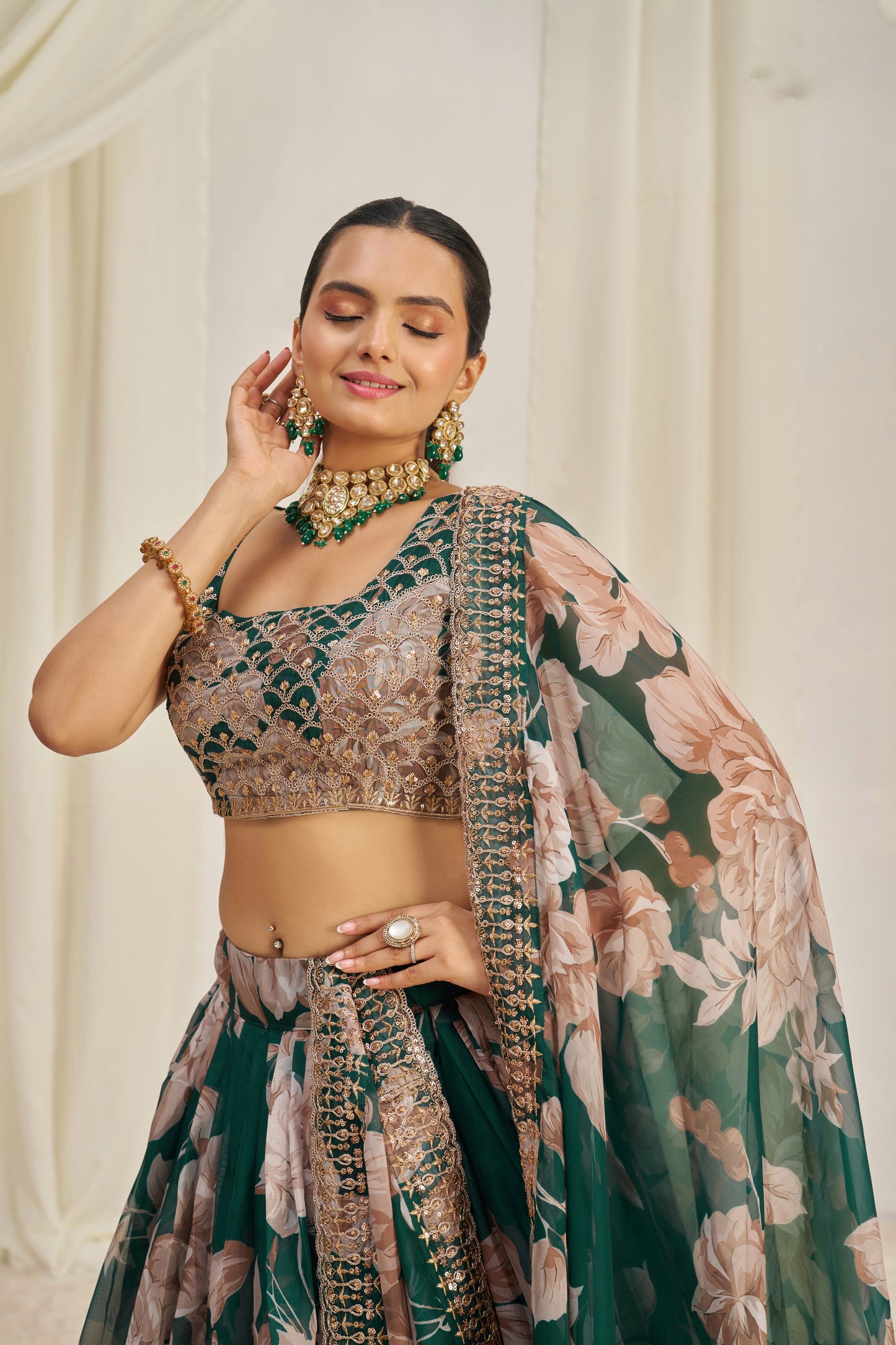Stunning Floral Printed Sequins Embroidered Organza Lehenga Set