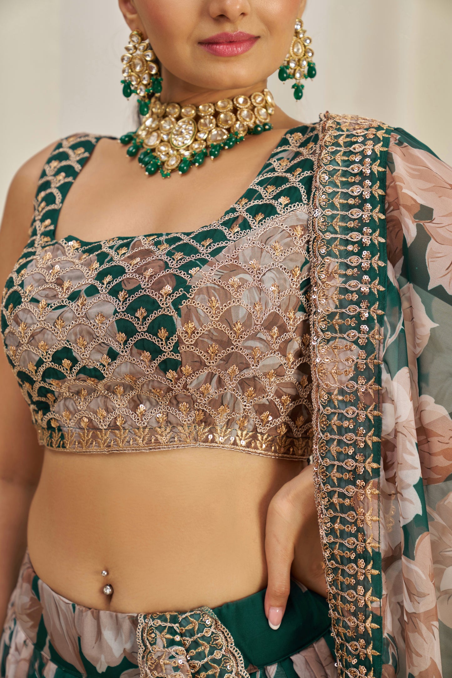 Stunning Floral Printed Sequins Embroidered Organza Lehenga Set