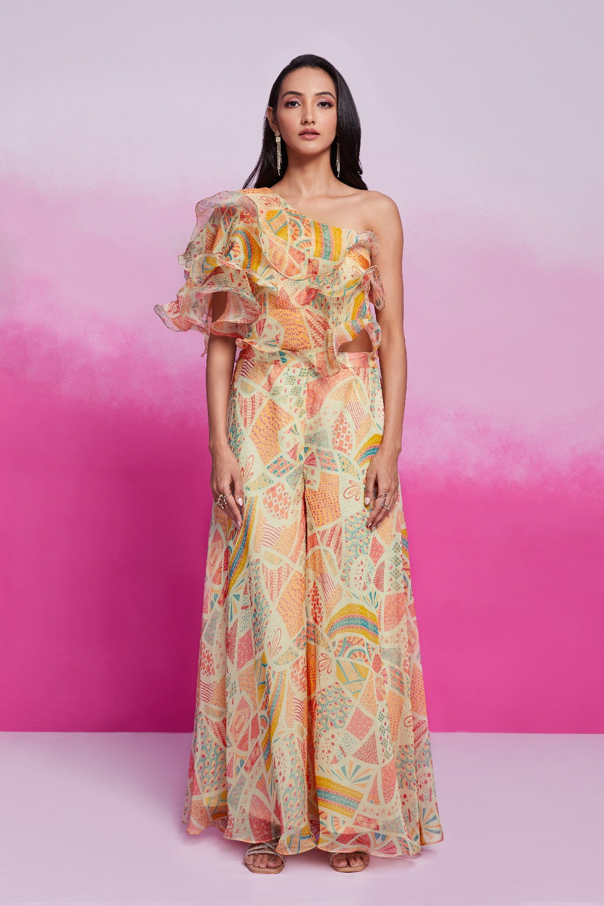 Graceful Elegance Cream Organza Top Palazzo Set