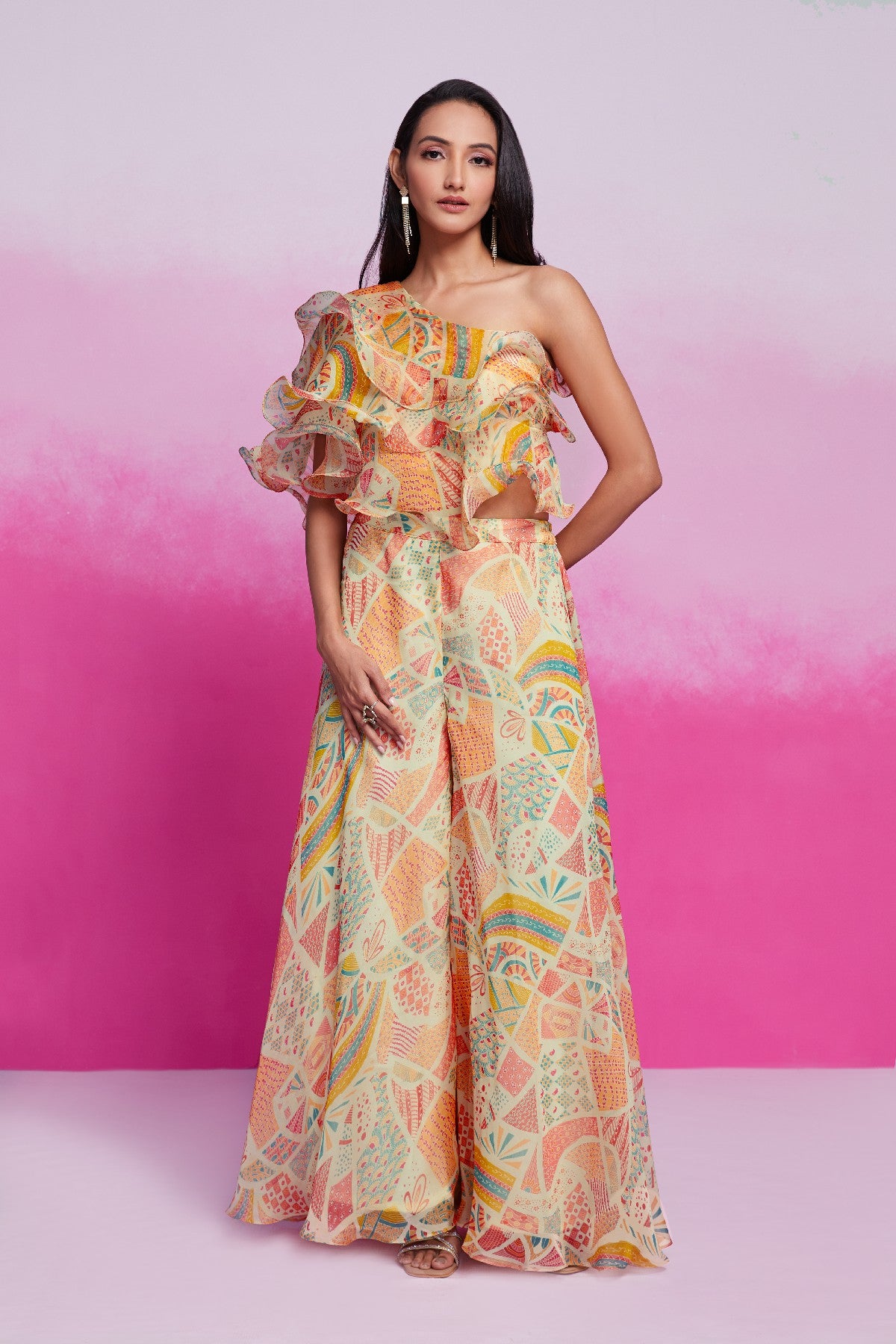 Graceful Elegance Cream Organza Top Palazzo Set
