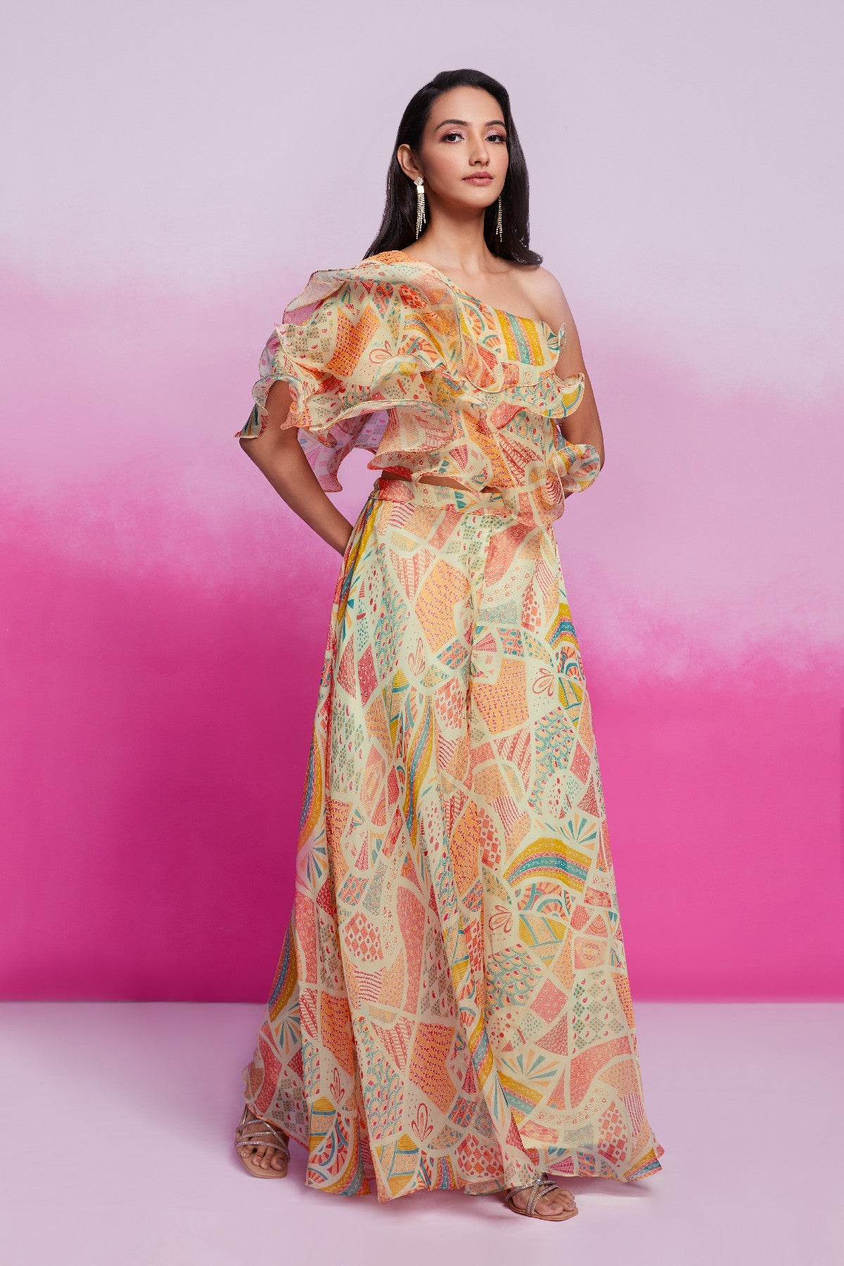 Graceful Elegance Cream Organza Top Palazzo Set