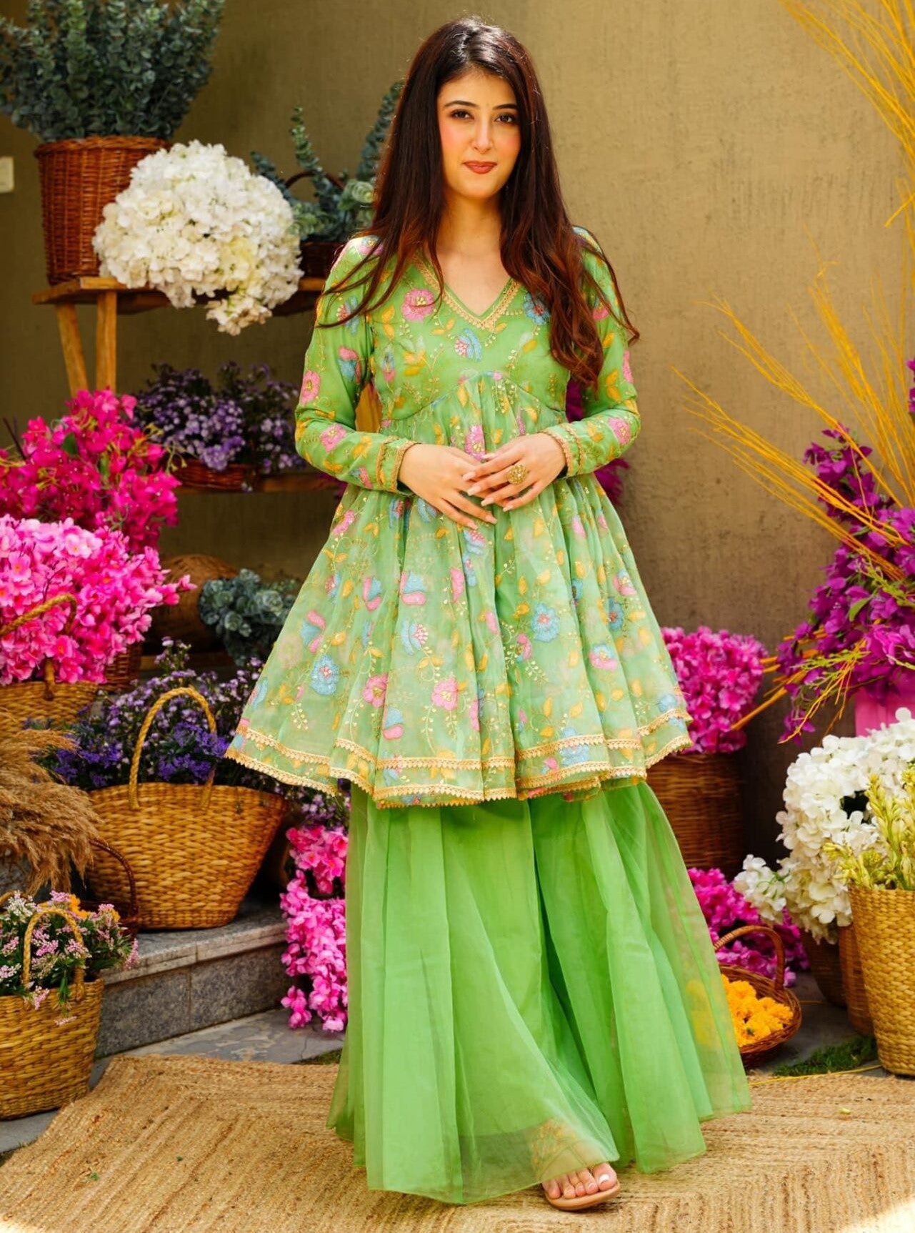 Graceful Pista Green Handpainted Sequins Zari Worked Organza Palazzo Suit