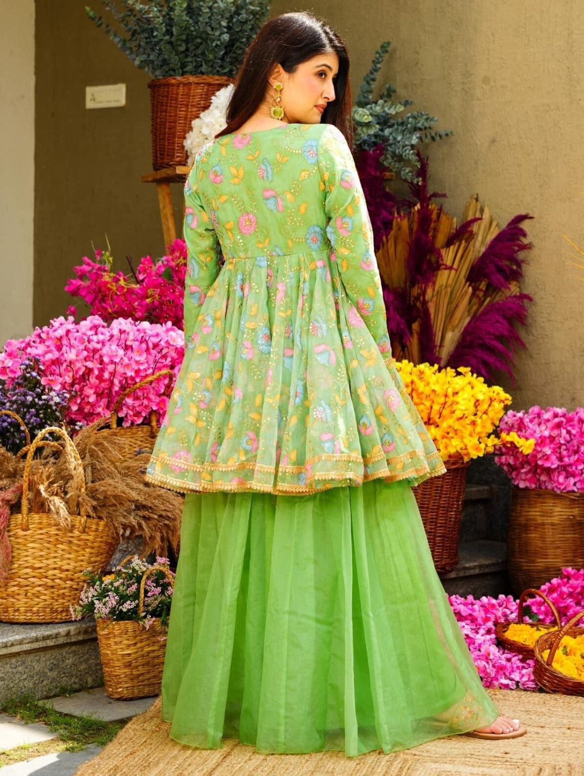 Graceful Pista Green Handpainted Sequins Zari Worked Organza Palazzo Suit