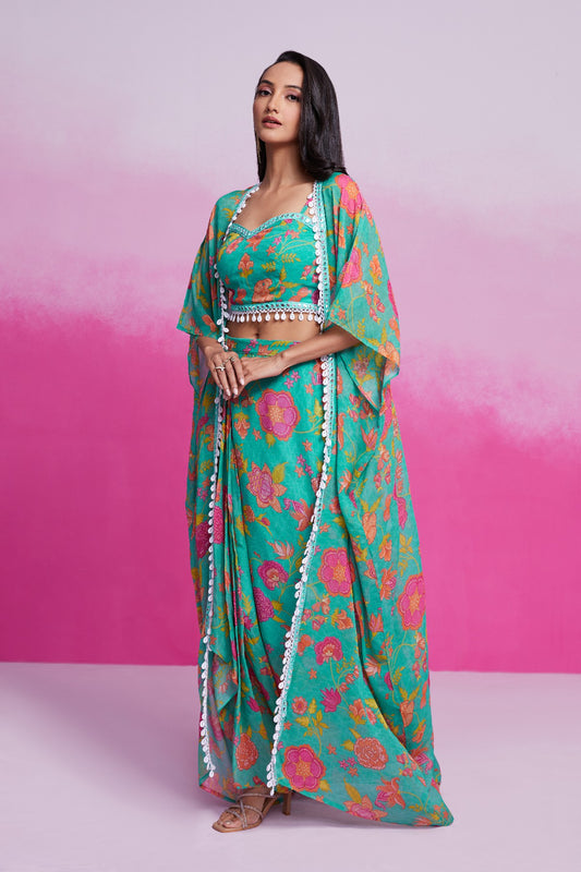 Turquoise Printed & Embroidered Georgette Co-Ord Set