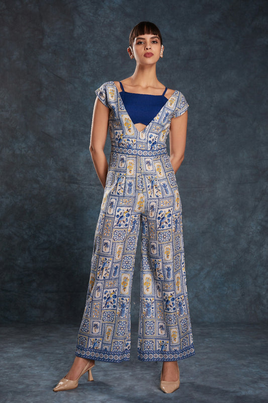 Navy Blue Printed Linen Jumpsuit with Blouse – Chic & Contemporary Fusion