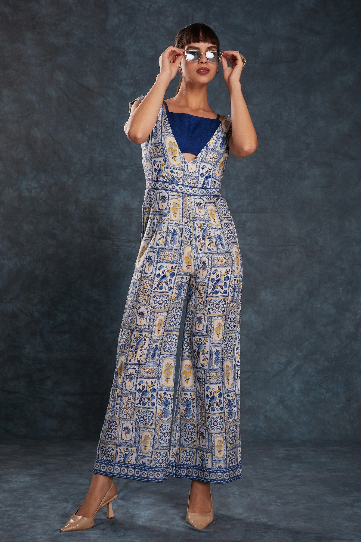 Navy Blue Printed Linen Jumpsuit with Blouse – Chic & Contemporary Fusion