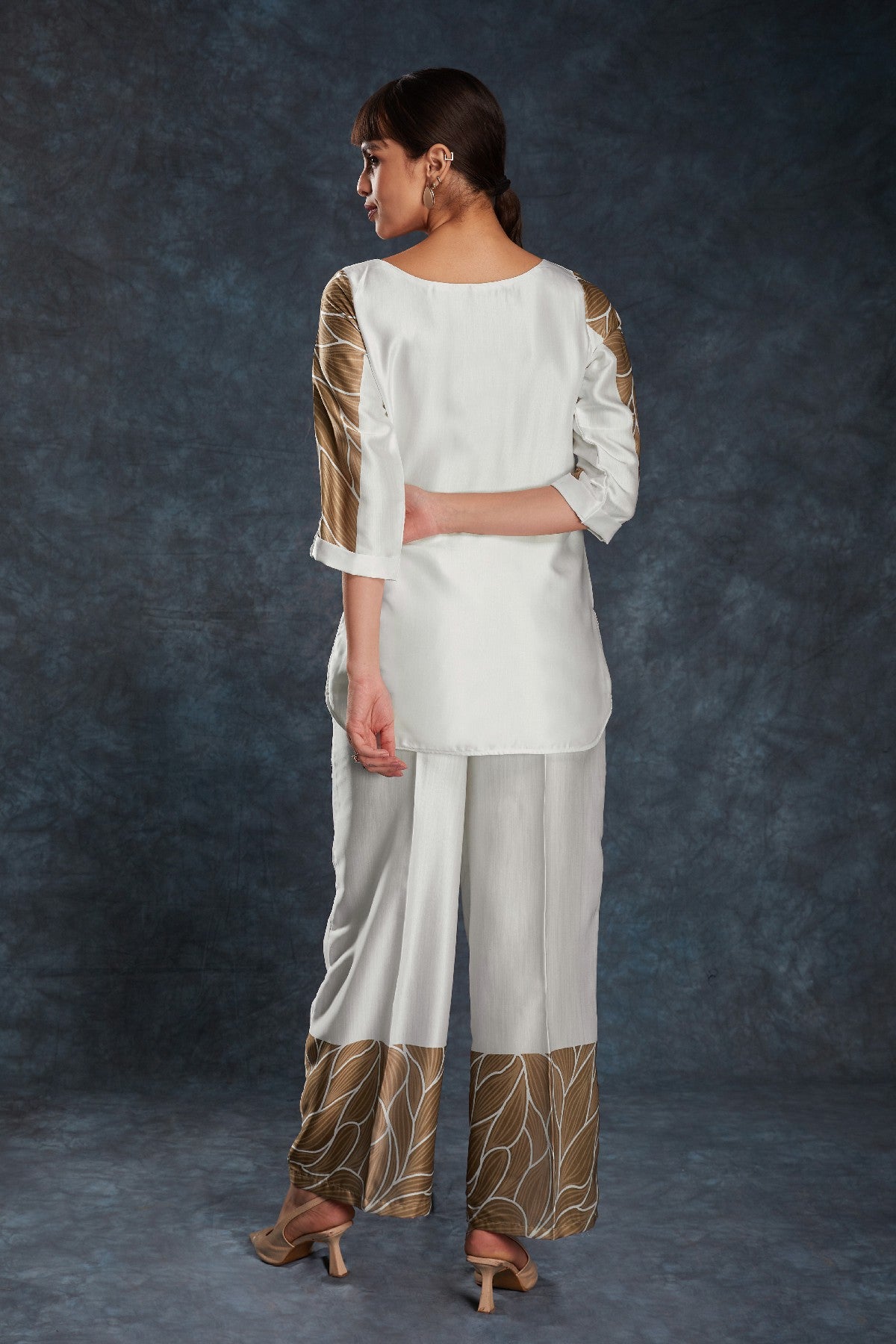 White Printed Linen Satin Co-Ord Set – Minimalist Luxe With  Modern Twist