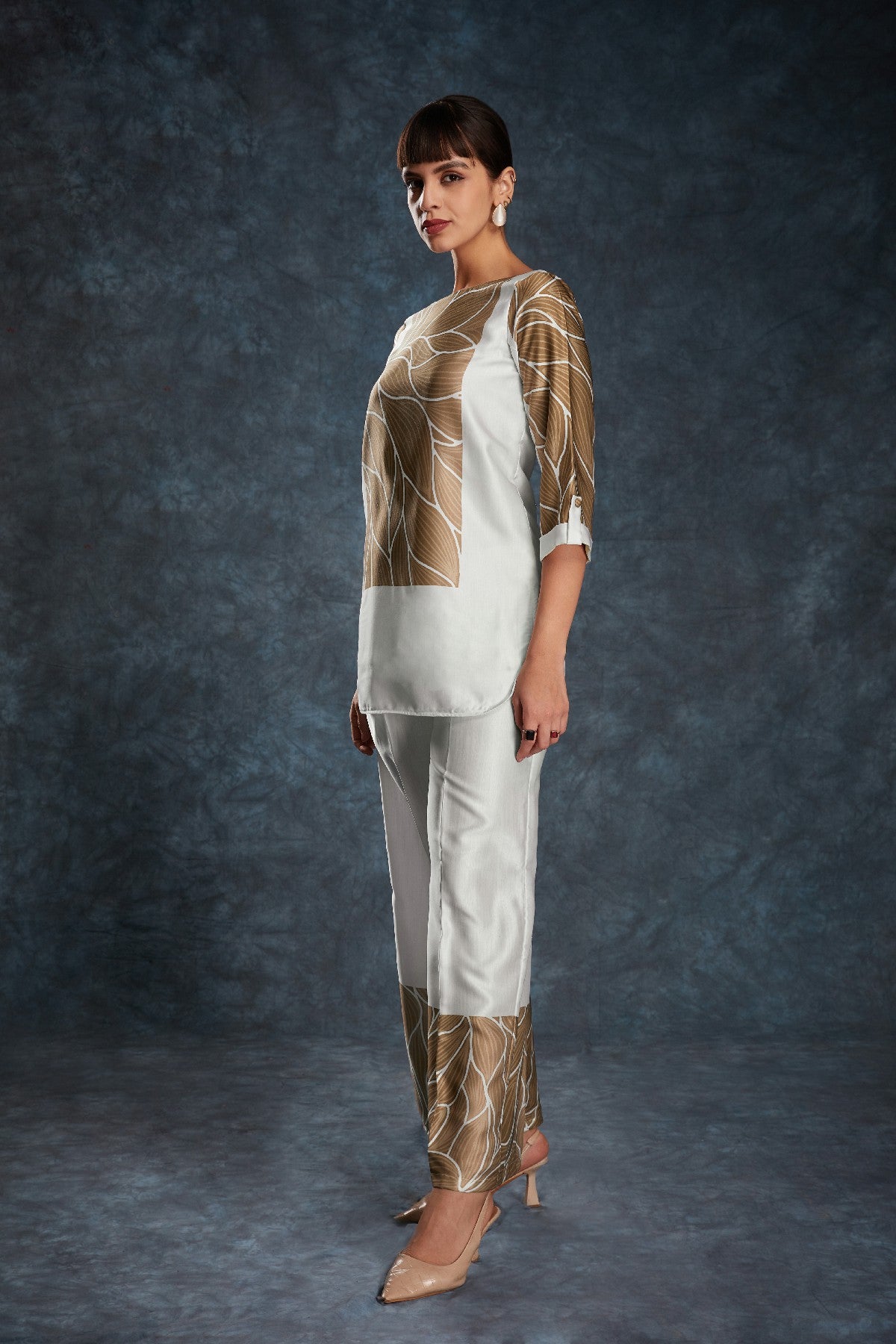 White Printed Linen Satin Co-Ord Set – Minimalist Luxe With  Modern Twist
