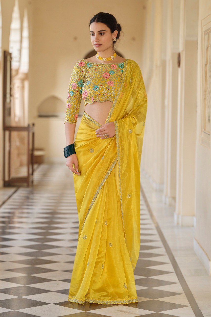 Sunshine Glow – Yellow Organza Saree With Elegant Embroidery
