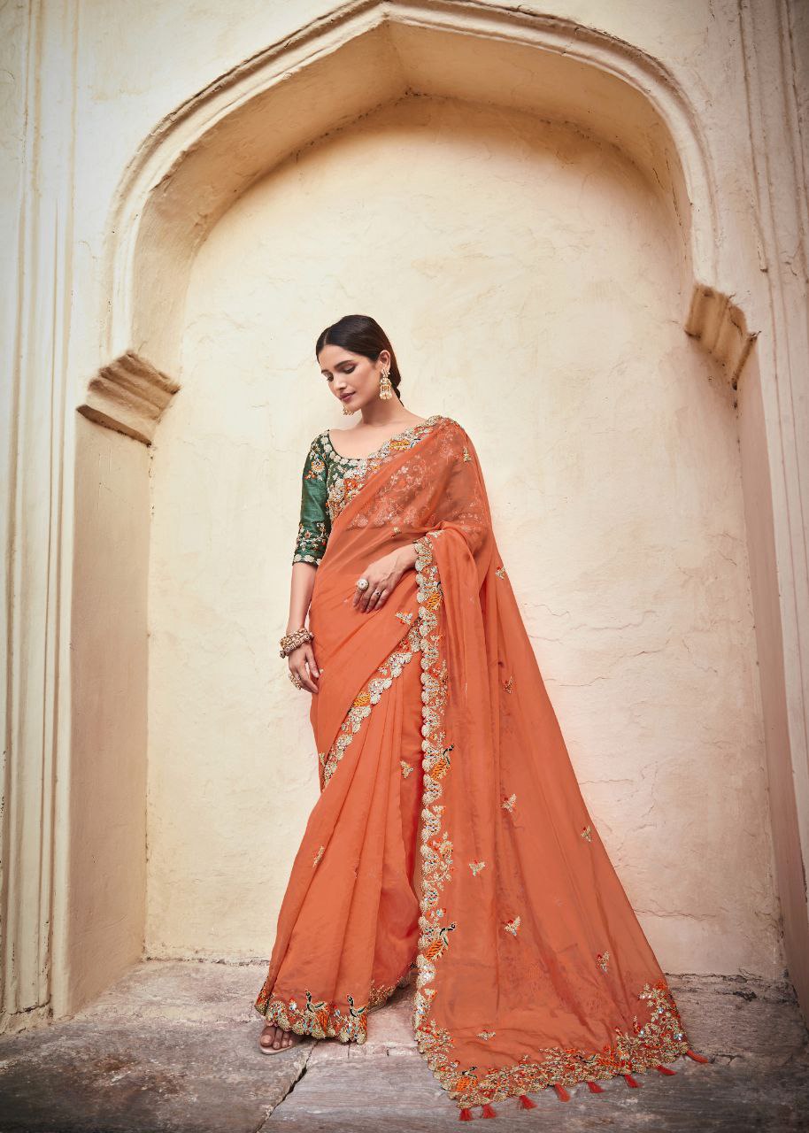 Orange Organza Saree with Real Mirror & Zari Work