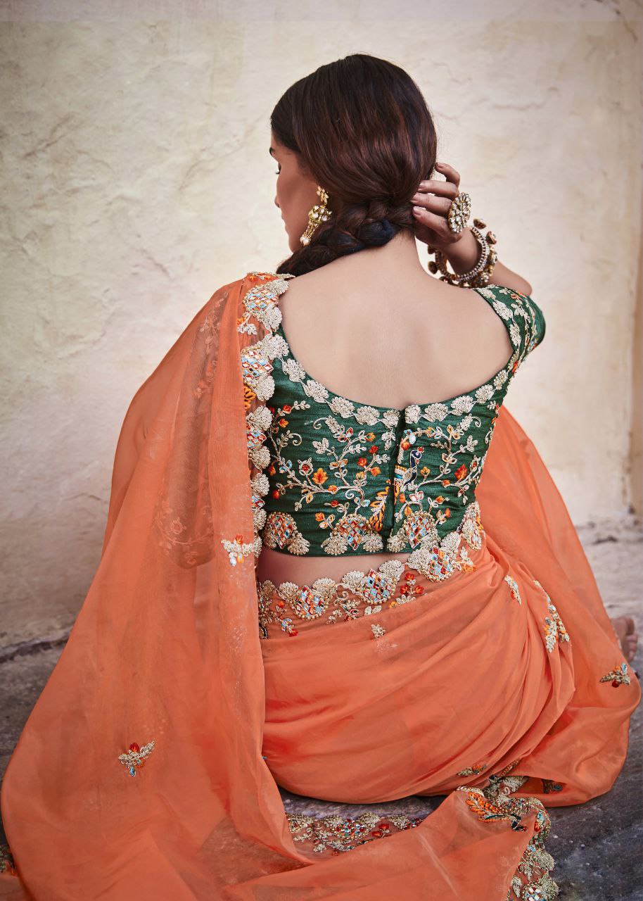 Orange Organza Saree with Real Mirror & Zari Work