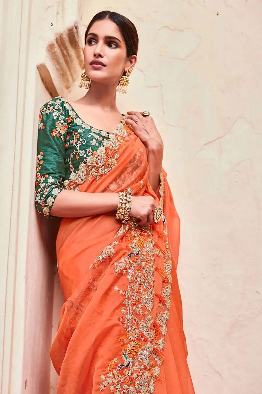 Orange Organza Saree with Real Mirror & Zari Work