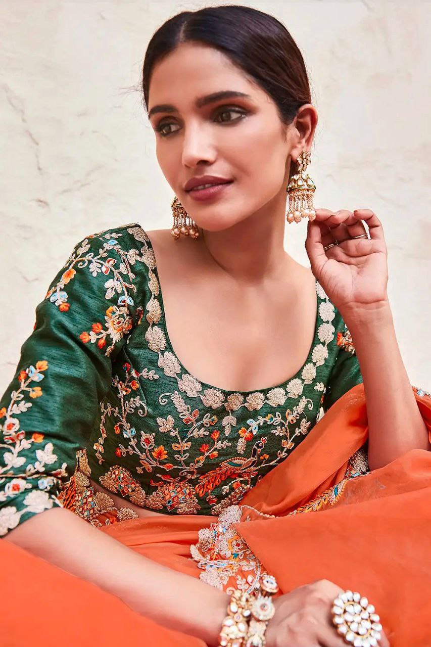 Orange Organza Saree with Real Mirror & Zari Work