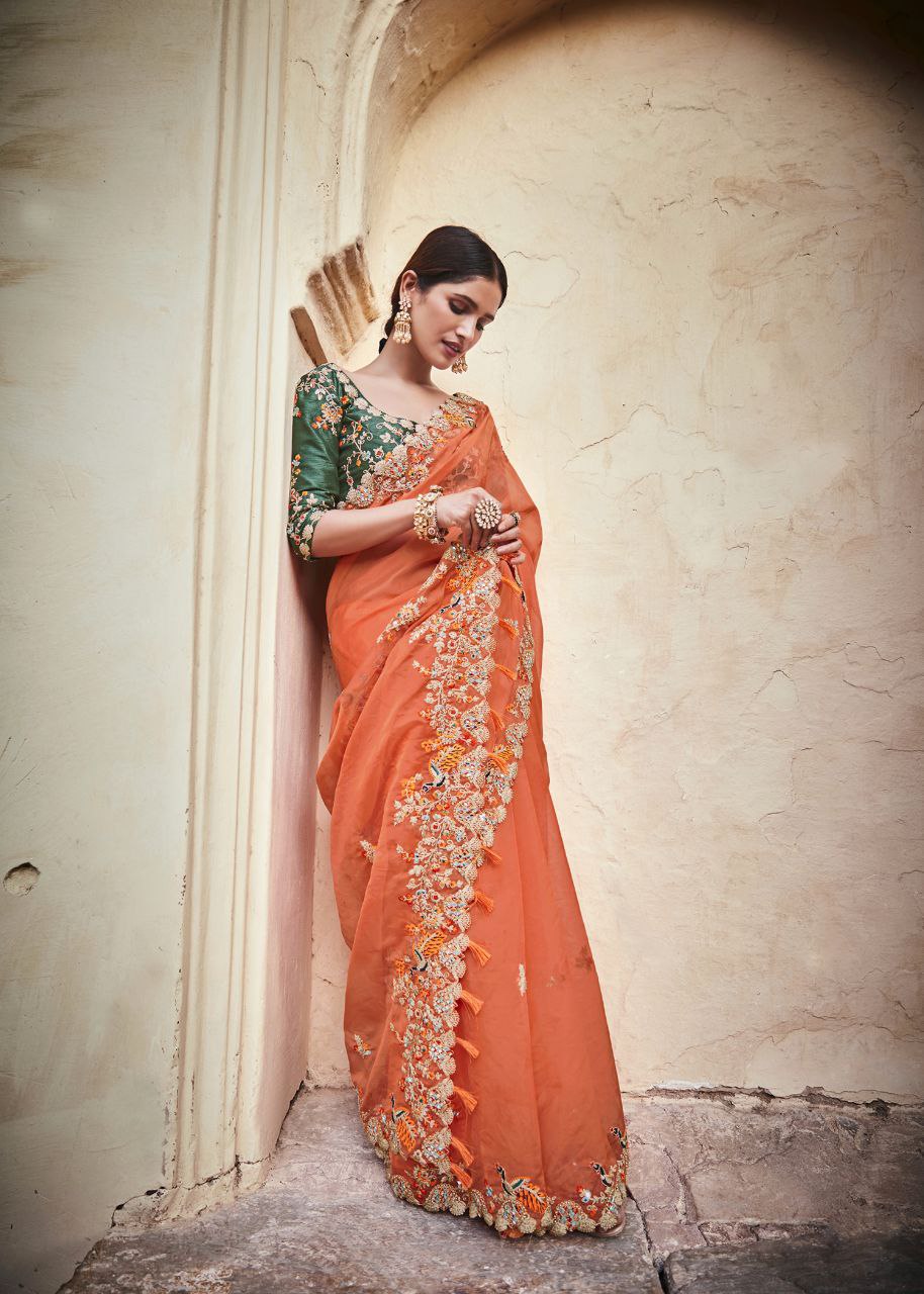 Orange Organza Saree with Real Mirror & Zari Work