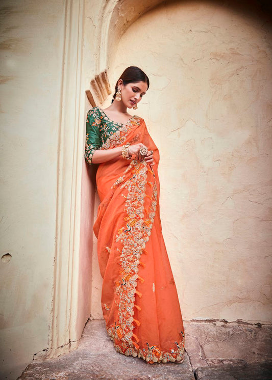 Orange Organza Saree with Real Mirror & Zari Work