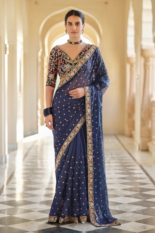Elegant Charm – Blue Organza Saree with Zari, Thread & Sequins Work