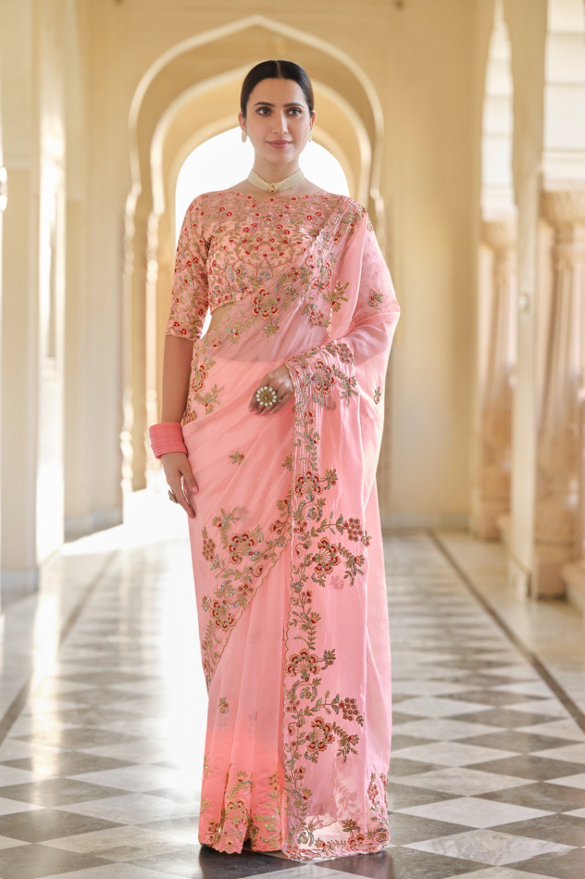 Grace in Peach – Organza Saree with Sequins, Zari & Thread Work