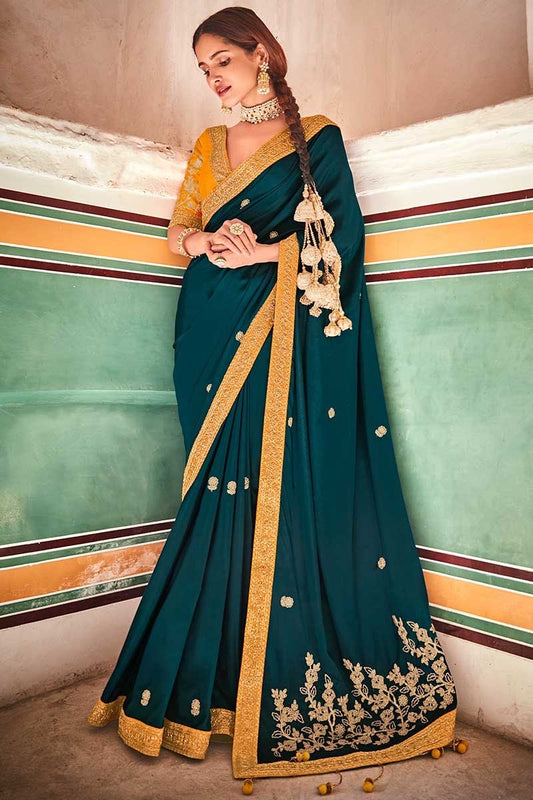 Elegant in Rama Green – Art Silk Saree with Sequins & Dori Work