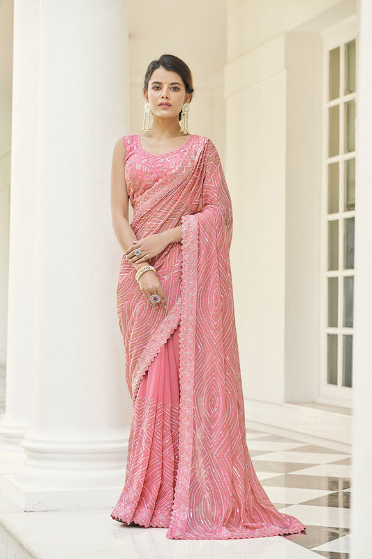 Pink Georgette Saree with Thread & Sequins Work