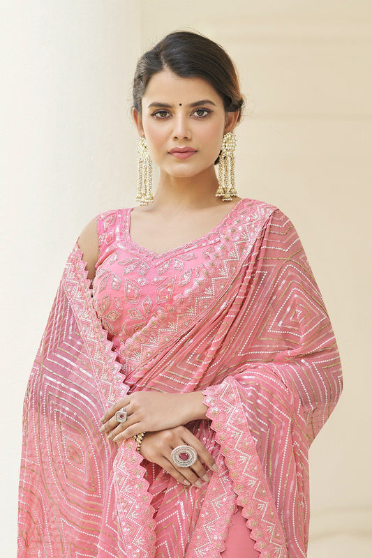 Pink Georgette Saree with Thread & Sequins Work