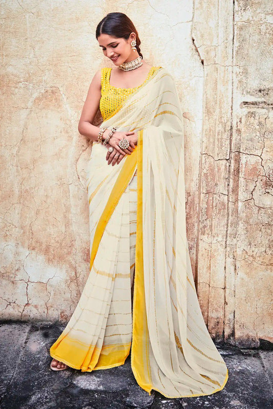 Cream Georgette Saree with Foil Mirror & Embroidered Work