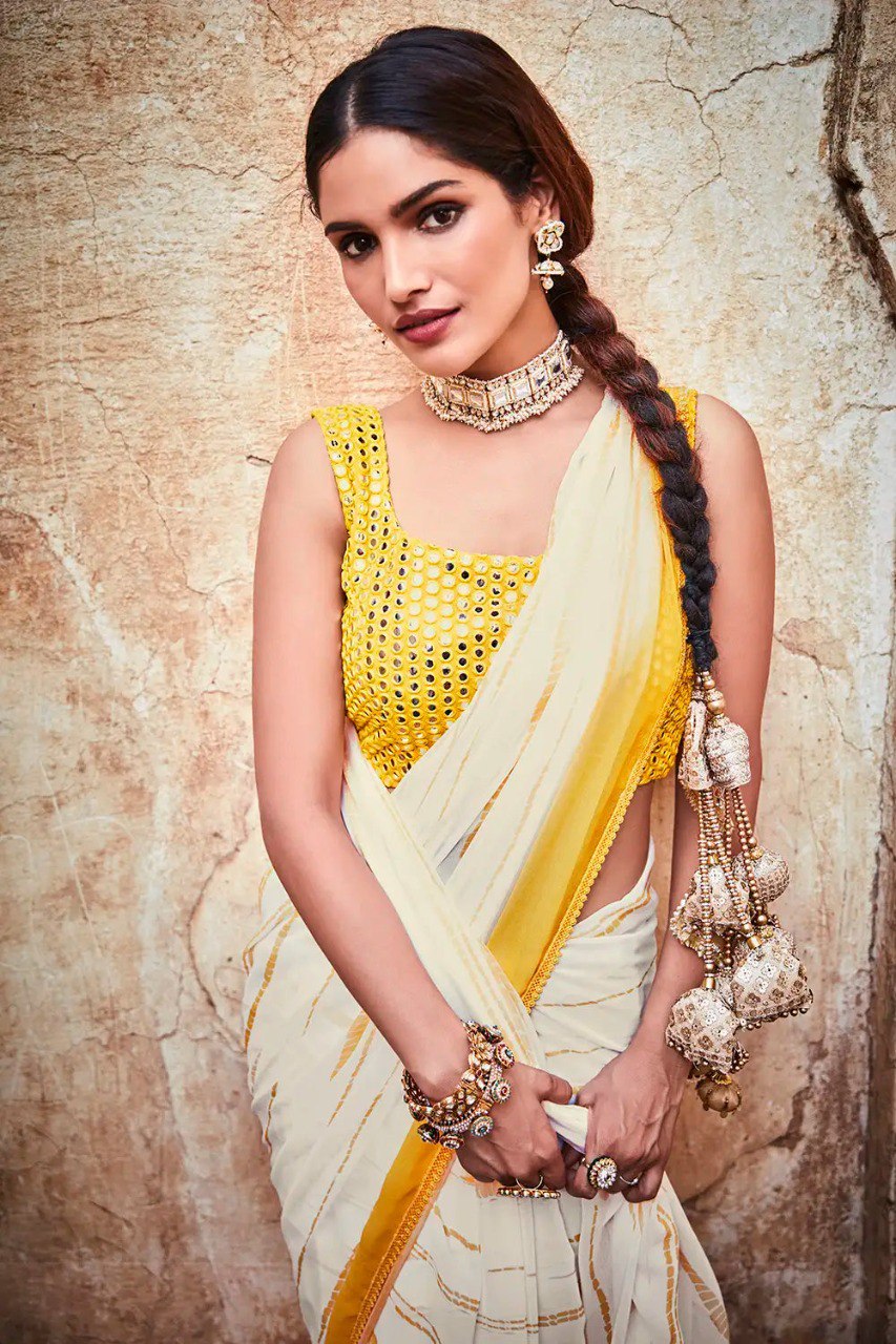 Cream Georgette Saree with Foil Mirror & Embroidered Work