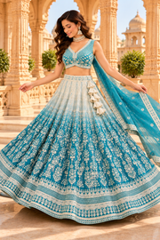 Teal Blue Crush Silk Chikankari Lehenga Choli