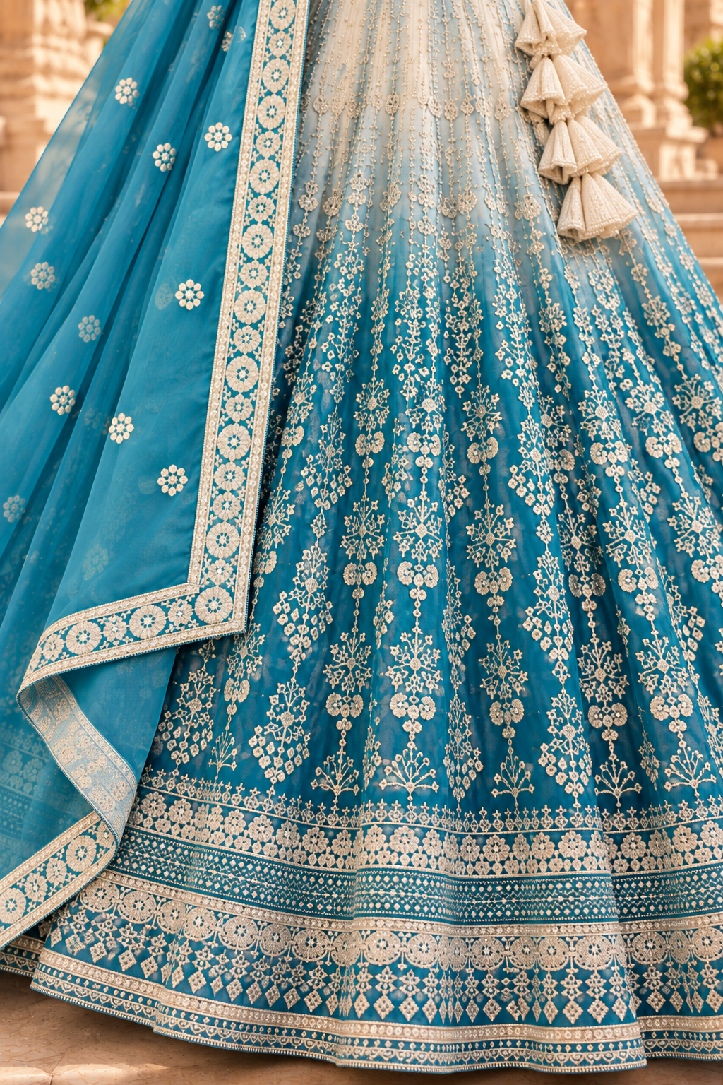 Teal Blue Crush Silk Chikankari Lehenga Choli