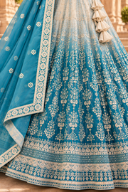 Teal Blue Crush Silk Chikankari Lehenga Choli