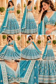 Teal Blue Crush Silk Chikankari Lehenga Choli