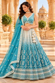 Teal Blue Crush Silk Chikankari Lehenga Choli