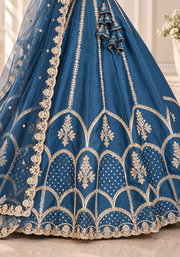 Teal Blue Fentam Silk Zari Sequin Embroidered Lehenga Choli