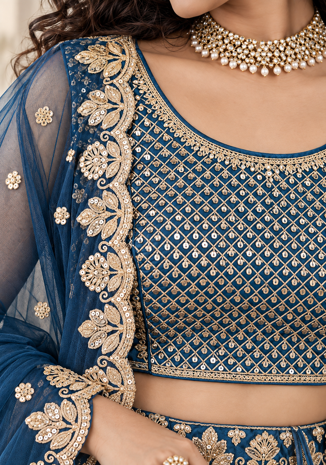 Teal Blue Fentam Silk Zari Sequin Embroidered Lehenga Choli
