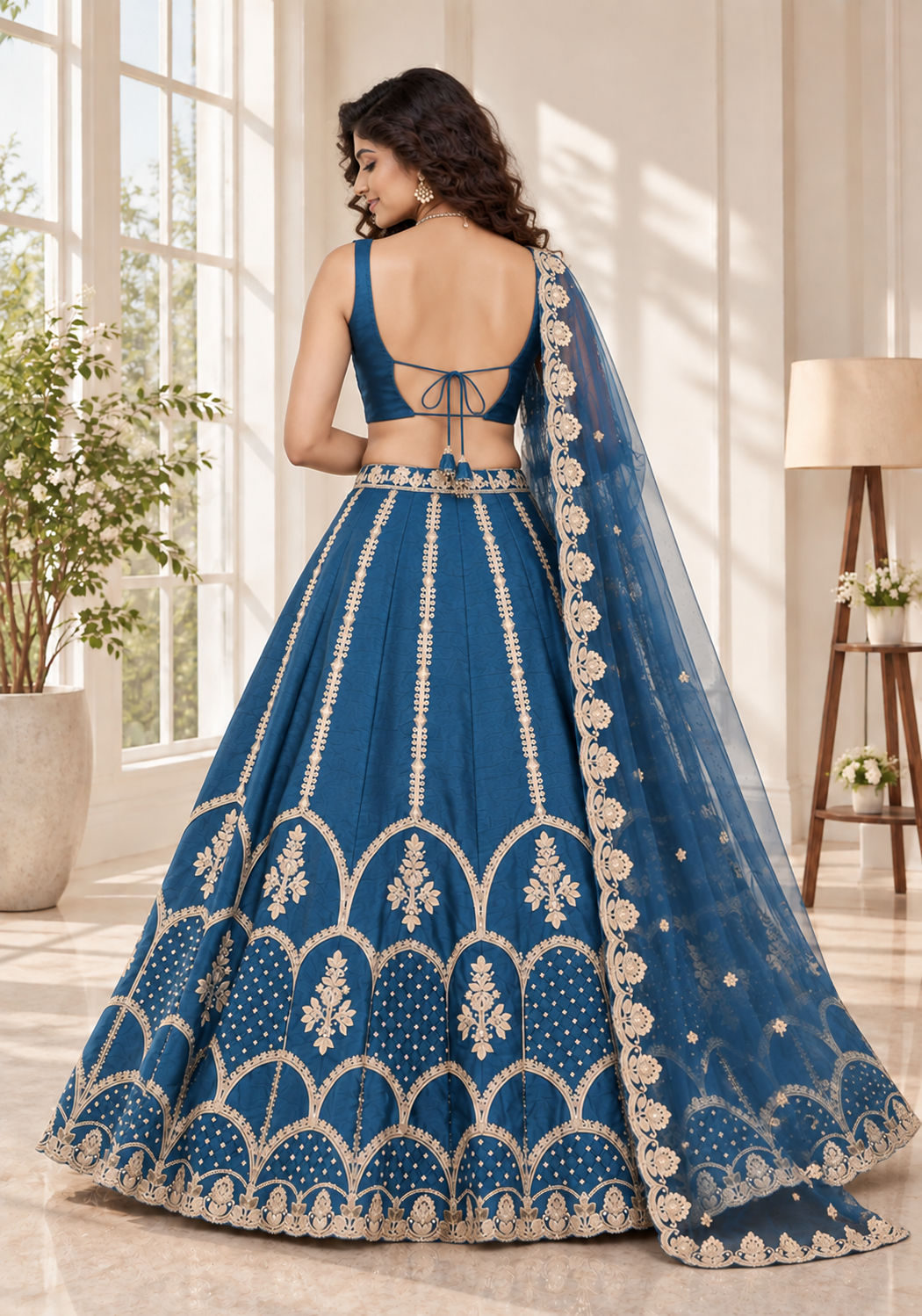 Teal Blue Fentam Silk Zari Sequin Embroidered Lehenga Choli
