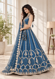 Teal Blue Fentam Silk Zari Sequin Embroidered Lehenga Choli