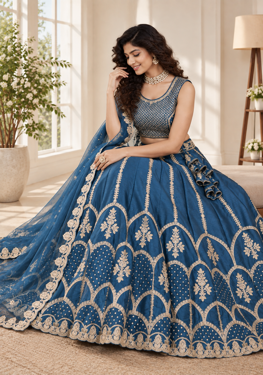 Teal Blue Fentam Silk Zari Sequin Embroidered Lehenga Choli