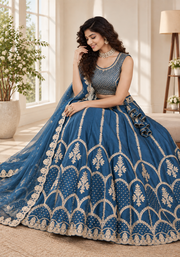 Teal Blue Fentam Silk Zari Sequin Embroidered Lehenga Choli