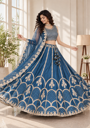 Teal Blue Fentam Silk Zari Sequin Embroidered Lehenga Choli