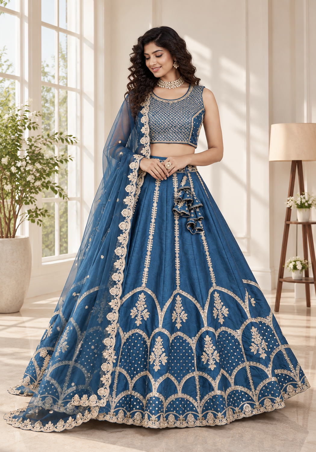 Teal Blue Fentam Silk Zari Sequin Embroidered Lehenga Choli